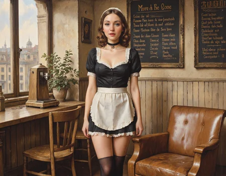 Rembrandt style Disney Classic This photograph captures a young woman in a provocative maid outfit standing confidently in a cozy, modern cafe. She has fair skin, wavy brown hair, and a slim yet curvy physique with medium-sized breasts. She is wearing a black, low-cut maid uniform with white lace trim, a short white apron, and black thigh-high stockings. The outfit is accentuated by a white headband and a black choker around her neck. Her expression is sultry, with her lips slightly parted and eyes gazing directly at the camera., 
The cafe setting features light wooden furniture, including a large wooden coffee machine on a wooden table to the left of her, and a brown leather armchair to the right. Behind her, a large window allows natural light to flood the room, revealing a blurred view of a cityscape outside. On the wall behind her, a blackboard menu is partially visible, listing dishes in French. A potted plant adds a touch of greenery to the scene. The overall ambiance is warm and inviting, with a blend of modern and rustic elements., <lora:Mezzotint_Artstyle_for_Flux_-_by_Ethanar:0.5>, <lora:Soviet_Era_AHS:0.5>, Soviet_Era_AHS, <lora:NormanRockwellFlux:0.5>, <lora:Viktor Vasnetsov:0.6>, by Viktor Vasnetsov, <lora:Fff:1> . Animation, fairy tales, musical numbers, expressive characters, bright colors, detailed, professional . Baroque, chiaroscuro, realistic, emotional, "flat lighting