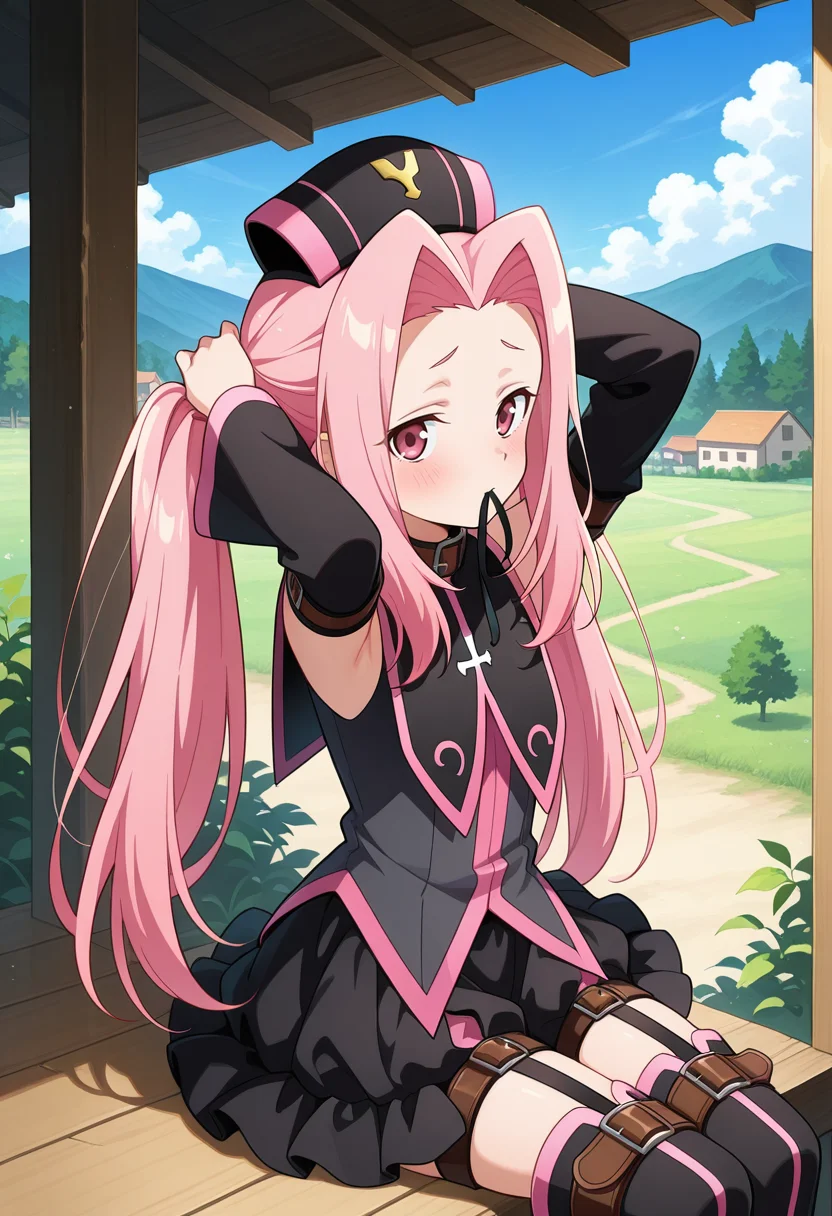 village, trees, clouds, day,
BREAK,
sitting, tying hair, twintails, blush,
cowboy shot, dynamic angle, close up, upper body, from above,
BREAK,
<lora:arietta_illustriousXL_v04:0.95>
ariettadef, pink hair, pink eyes, very long hair, parted hair, black headwear,
zettai ryouiki, detached sleeves, frills, black dress,
garter straps, thighhighs, thigh boots,
BREAK,, source_anime, very aesthetic, anime coloring, masterpiece,
best quality, amazing quality, ultra detailed, very aesthetic,
detailed background,
BREAK,