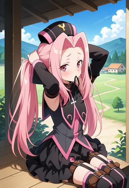 village, trees, clouds, day,
BREAK,
sitting, tying hair, twintails, blush,
cowboy shot, dynamic angle, close up, upper body, from above,
BREAK,
<lora:arietta_illustriousXL_v04:0.95>
ariettadef, pink hair, pink eyes, very long hair, parted hair, black headwear,
zettai ryouiki, detached sleeves, frills, black dress,
garter straps, thighhighs, thigh boots,
BREAK,, source_anime, very aesthetic, anime coloring, masterpiece,
best quality, amazing quality, ultra detailed, very aesthetic,
detailed background,
BREAK,