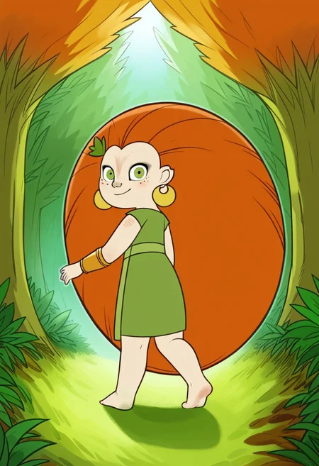 (zPDXL3), full body, solo, 1girl, best quality, 1girl, solo, mebh_human, green eyes, long hair, orange hair, earrings, barefoot, earrings, jewelry, leaf, freckles,  looking at viewer, from behind, smile, dynamic pose, outdoors, forest, dynamic angle 