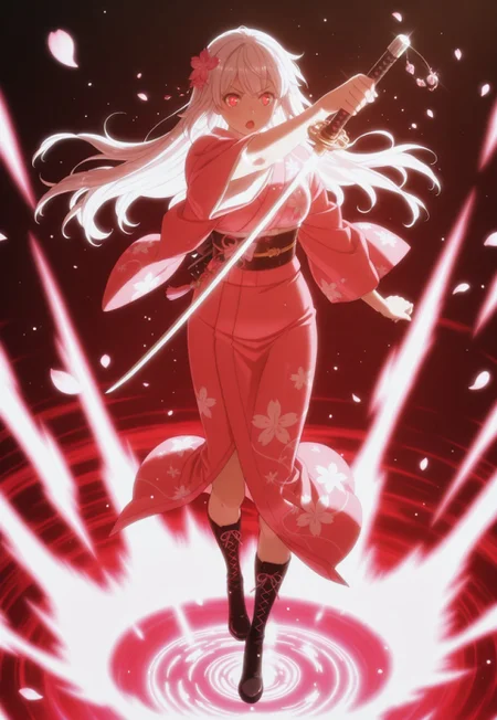 anime_girl long_flowing_white_hair_with_pink_highlights glowing_red_eyes intense_expression floral_hair_ornament_with_pink_flower traditional_kimono_with_cherry_blossom_pattern dark_blue_kimono_with_pink_and_white_flowers intricate_kimono_design_with_gold_accents holding_katana_with_both_hands glowing_katana_with_energy_trail dynamic_action_pose cherry_blossom_petals_floating_in_air vibrant_neon_pink_and_cyan_color_scheme dramatic_lighting_with_glowing_effects energy_aura_with_sparkling_particles black_lace-up_boots_with_shiny_finish detailed_background_with_splashes_of_pink_and_blue fantasy_warrior_theme strong_female_character ethereal_and_mystical_atmosphere high_contrast_art_style anime_illustration_with_digital_painting