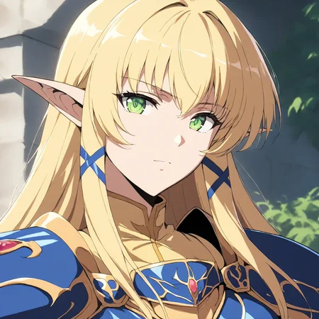(masterpiece,high score,great score,absurdres),looking at viewer,1girl,solo,upper_body,portrait,armor,<lora:Angelica ag4o v1:1> angelica, blonde hair, pointy ears, long hair, green eyes,