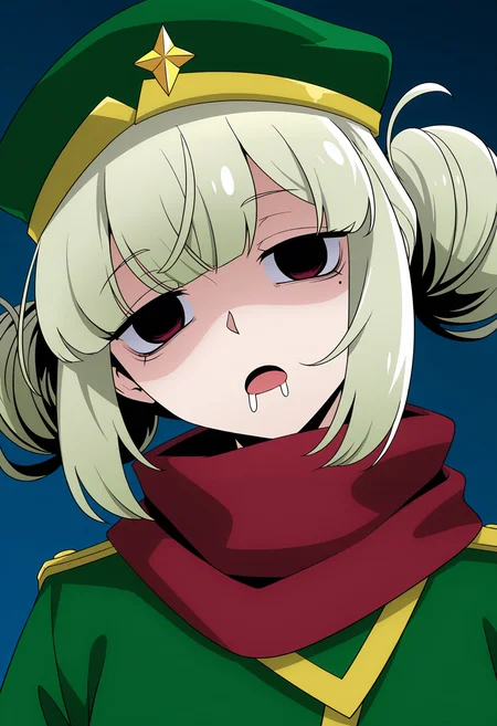 <lora:Araga Kiwi_illustrious-000036:1>,
Araga Kiwi, solo, hat, green headwear, multicolored hair, scarf, looking at viewer, empty eyes, drooling, double bun, open mouth, head tilt, red scarf, mole, green jacket, upper body, sidelocks
