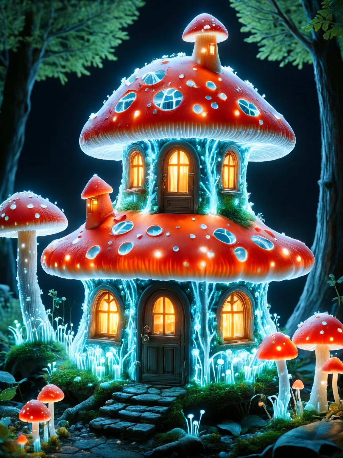 A close-up of an ais-blmn toadstool house in a miniature fairy village <lora:ais-blmn-sdxl:1>
