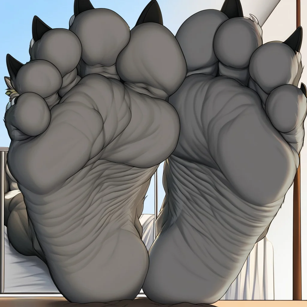 muscular male, canine, wolf, gray fur, micro-pov, wrinkled feet, black sole, foot focus
