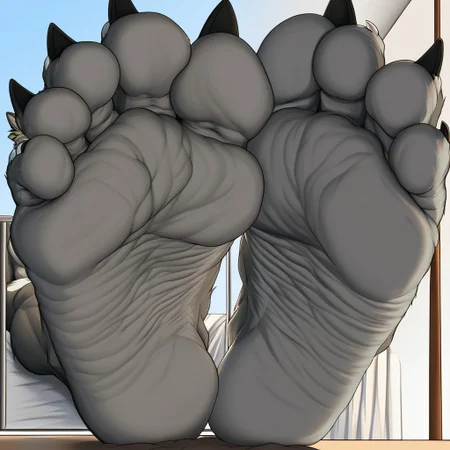 muscular male, canine, wolf, gray fur, micro-pov, wrinkled feet, black sole, foot focus