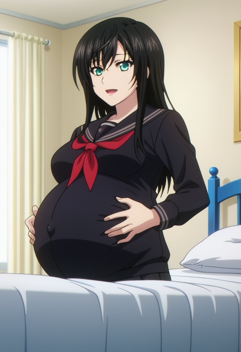 best quality, masterpiece, 4k, perfect lighting, very aesthetic, anime, anime coloring, official art, anime screencap,
OverallDetail, fFaceDetail, 
bedroom, happy, huge pregnant belly, hand on belly,
Kiriha, black hair , school uniform, black shirt,
<lora:Pregnant Bump:1>