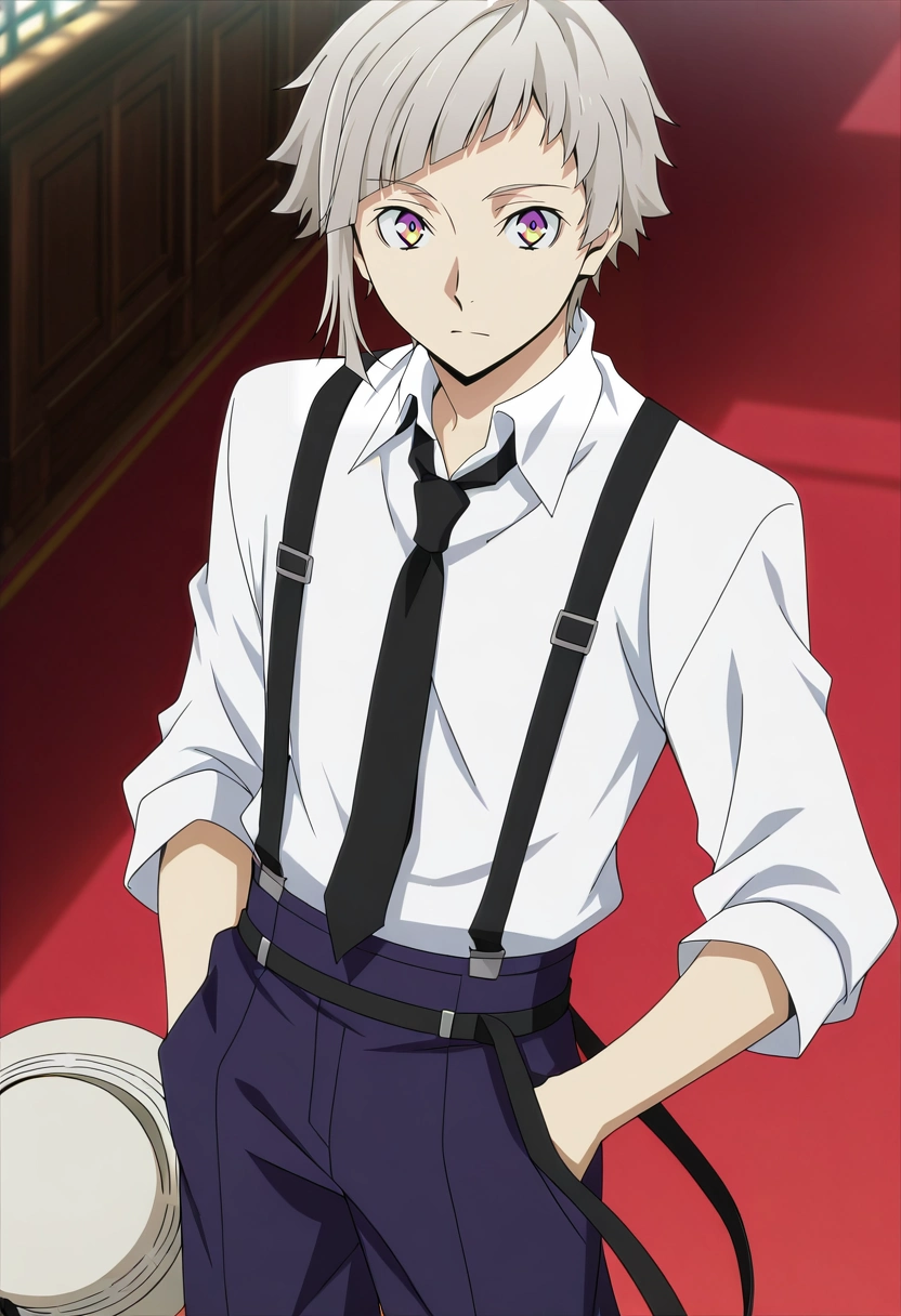masterpiece, best quality, anime screencap, official style, anime coloring, cowboy shot, 1boy, solo, male focus, <lora:atsushi_nakajima_ilxl:0.92>, atsushi_nakajima, grey hair, yellow eyes, multicolored eyes, purple eyes, short hair, white shirt, collared shirt, suspenders, black necktie, , Moire DustyRose Quilted pants, Windbreaker, Monk strap shoes, Pith helmet, and