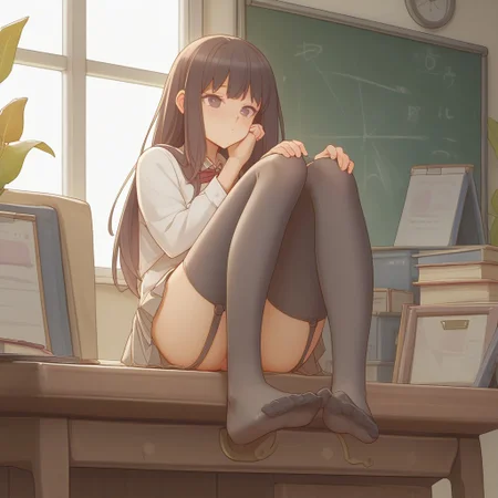 masterpiece,
score_9, score_8_up, score_7_up, score_6_up,
source_anime,
highly detailed,
1girl, single girl, 18 year old girl,
Inoue_Takina,
school uniform,
nylon stockings,
feet,
sitting on desk,
liquid running down her legs,
high definition eyes,
BREAK soft cinematic lighting, indoors