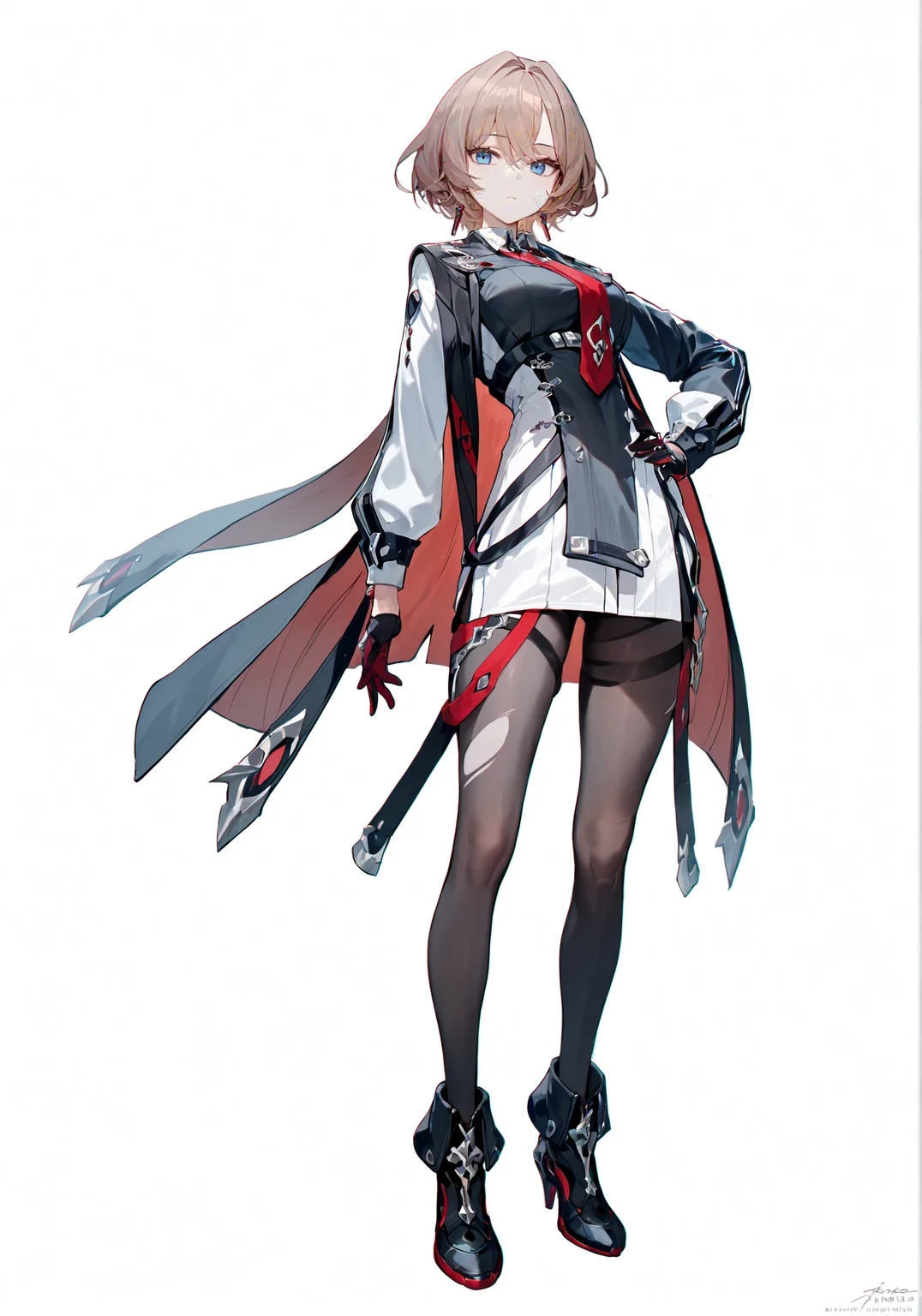 score_9, score_8_up, score_7_up, score_6_up, 8k,
8k, best quality, masterpiece, (ultra-detailed:1.1), (high detailed skin),
(full body), ( white background:1.3), standing, looking at viewer, (solo), hand on hip,
<lora:Lantern-pony-Tanger:0.8>, dengsfl,def clothes,brown hair,1girl,blue eyes,red necktie,gloves,pantyhose,black footwear,
(beautiful_face), ((intricate_detail)), clear face,
((finely_detailed)), fine_fabric_emphasis,
((glossy)), full_shot,