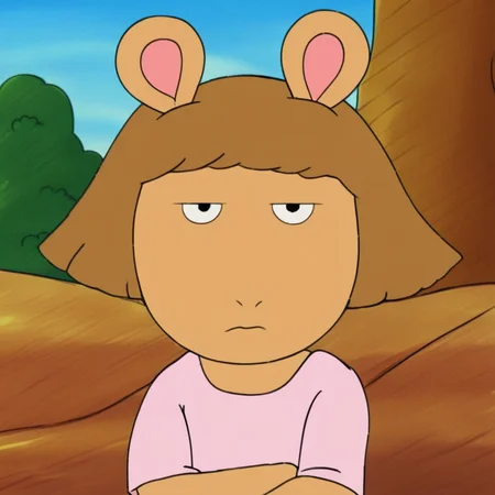 source_cartoon, 1girl, solo, dwrsummer, aardvark, black eyes, short brown hair, animal ears, pink short-sleeve top, teal short pants, looking at viewer, unamused, closed mouth, half-closed eyes, arms crossed, blue sky, trees, outdoors