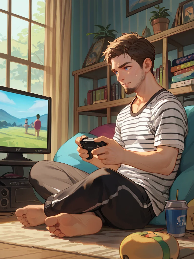 PDXL, <lora:SittingCrossLeggedV1:1>, cr0ssl3gg3d,
1boy, short brown hair, brown beard, blue eyes, black white striped shirt, black sweatpants, sitting cross-legged in a living room, playing games on a tv, viewed from side