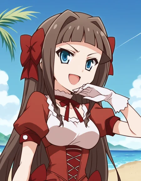 score_9, score_8_up, score_7_up, source_anime, <lora:asuka-kudou-s1-ponyxl-lora-nochekaiser:1>, asuka kudou, long hair, bangs, blue eyes, brown hair, bow, hair bow, blunt bangs, hair intakes, red bow, medium breasts,, gloves, dress, ribbon, short sleeves, choker, puffy sleeves, white gloves, puffy short sleeves, red dress, corset,, oasis, water, palm trees, desert, life, smile, <lora:ojou-sama-pose-ponyxl-lora-nochekaiser:1>, ojou-sama pose, laughing, smug, hand to own mouth, open mouth,, looking at viewer, solo,, dutch angle, cowboy shot