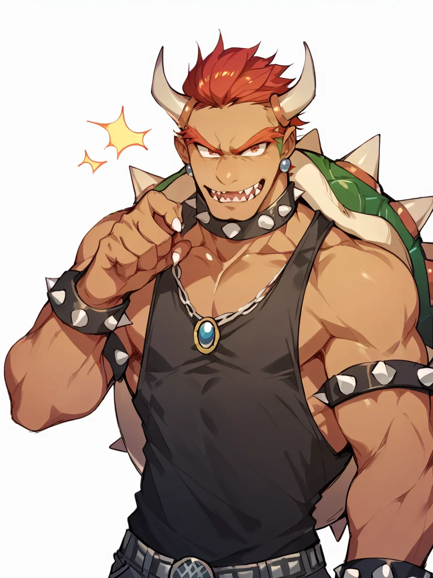 score_9, score_8_up, score_7_up, score_6_up, score_5_up,   <lora:bowserXLP:1> bowser, spikes, 1boy, horns, solo, red hair, muscular, human, tan, black tank top