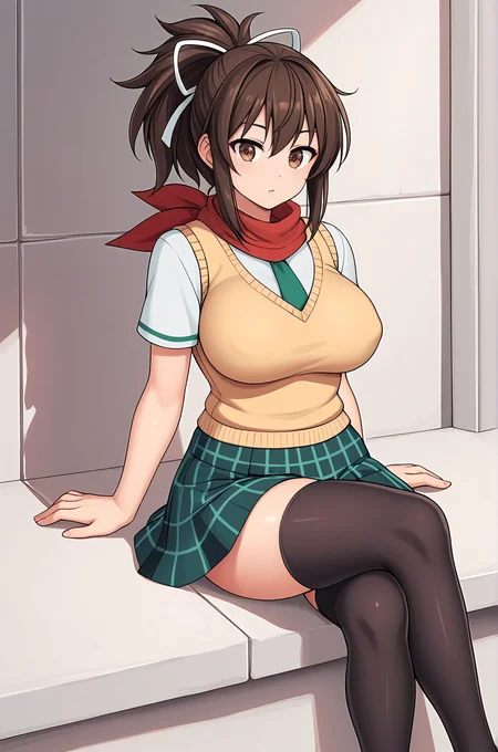 anime artwork score_9, score_8_up, score_7_up, score_6_up, score_5_up, score_4_up, source_anime, BREAK, thick outline, fat outline,
Asuka_XL, brown eyes, brown hair, ponytail, white ribbon, red scarf, large breasts, BREAK, asuka_shinobi_outfit, sweater vest, black thighhighs, necktie, plaid skirt, loafers, BREAK, sittling, crossed legs,
<lora:Asuka_XL:0.7>
<lora:PersonalAmi_PonyXL:1.0>