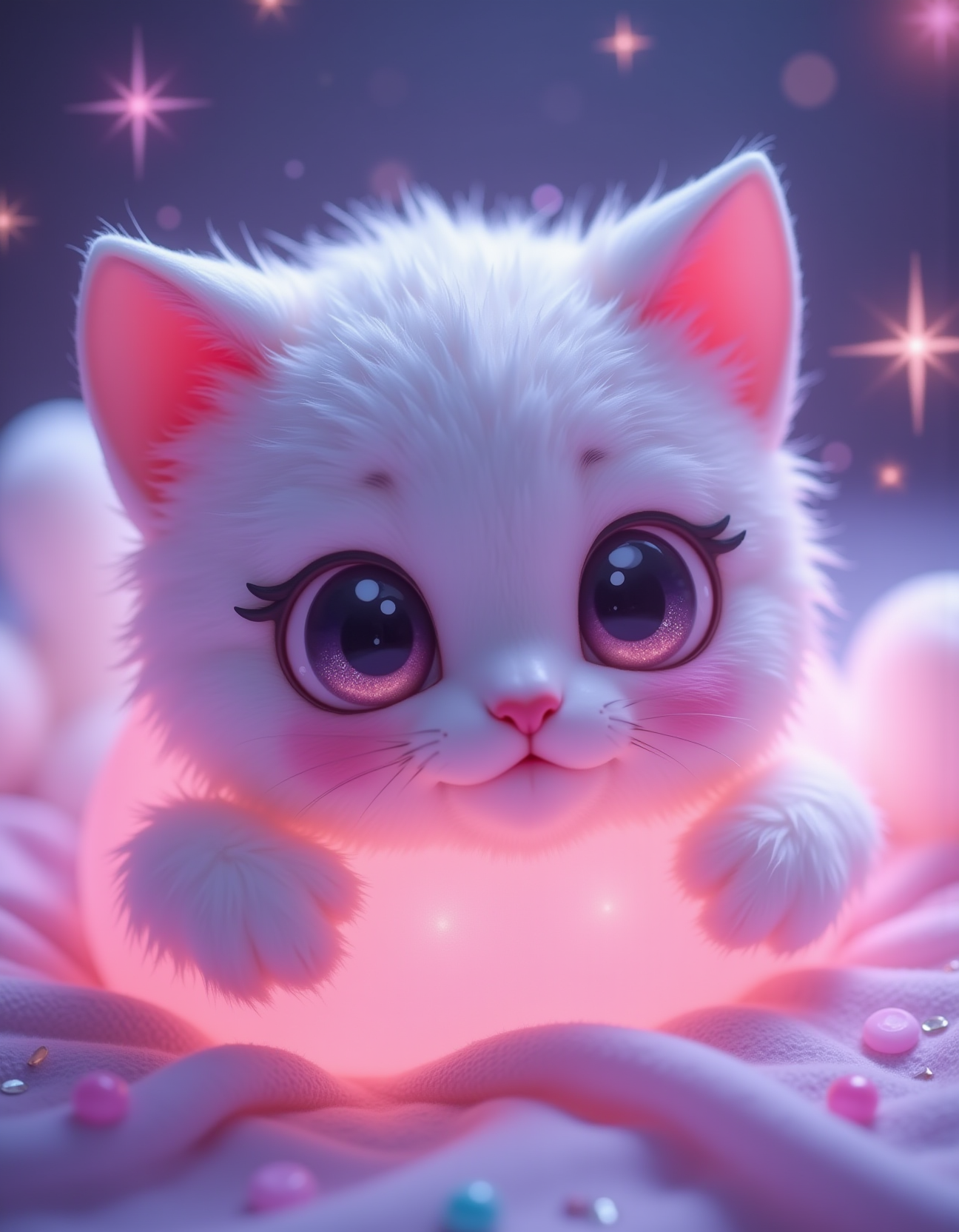 A chibi-style cat with oversized glittery eyes peers from a puffy marshmallow-textured ghost sheet. Blush accents, a tiny pink nose, and heart-shaped whiskers dominate the face. The sheet glows with a soft pink inner light, while the background radiates starbursts and floating candy-colored sparkles. Ultra-saturated colors, rounded shapes, and a sprinkle of confetti complete the adorable overload.
_________
dramatic beauty, otherworldly quality, soft lighting, shallow depth of field, high detail, dynamic composition, cinematic shot, film grain, balanced shadows, harmonic colors, emotional depth, symbolic meaning, innovative props/costumes, timeless elegance, modern themes, iconic imagery, unforgettable moment, captivating beauty, stunning impact, thought-provoking, artistic vision, masterful execution.
<lora:cheats:0.4> <lora:NOOB_vp1_detailer_by_volnovik_v1:0.5> <lora:- Flux1 - soothing_atmo_V2.0:0.1>