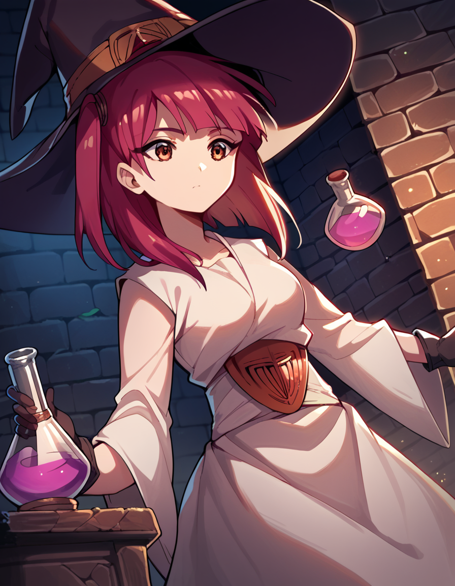 score_9, score_8_up, score_7_up, source_anime, <lora:magi-morgiana-s1-ponyxl-lora-nochekaiser:1>, morgiana, orange eyes, red hair, one side up, medium breasts,, <lora:wizard-ponyxl-lora-nochekaiser:1>, wizard, wizard hat, robe, dress, long sleeves, gloves,, indoors, bricks, potion, flask, vial,, cowboy shot,, , dutch angle, cowboy shot