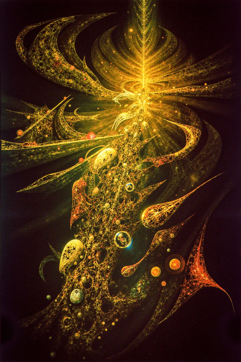 Oceans of molten metal flow through space, ripping apart stars and galaxies as they surge forward like cosmic rivers of destruction. Towering, skeletal structures rise from the galactic floor, their spires made from the bones of fallen worlds. Reality warps as invisible forces tear the sky apart, leaving behind gaping holes where the universe once stood. Out of the void, multi-limbed, insectoid gods crawl, their bodies writhing and reshaping into impossible forms as they consume the last remnants of creation. <lora:atomeaser_v1:1><lora:metal_hurlant_v1:0.5>,<lora:fantastic_planet_v1:0.2>