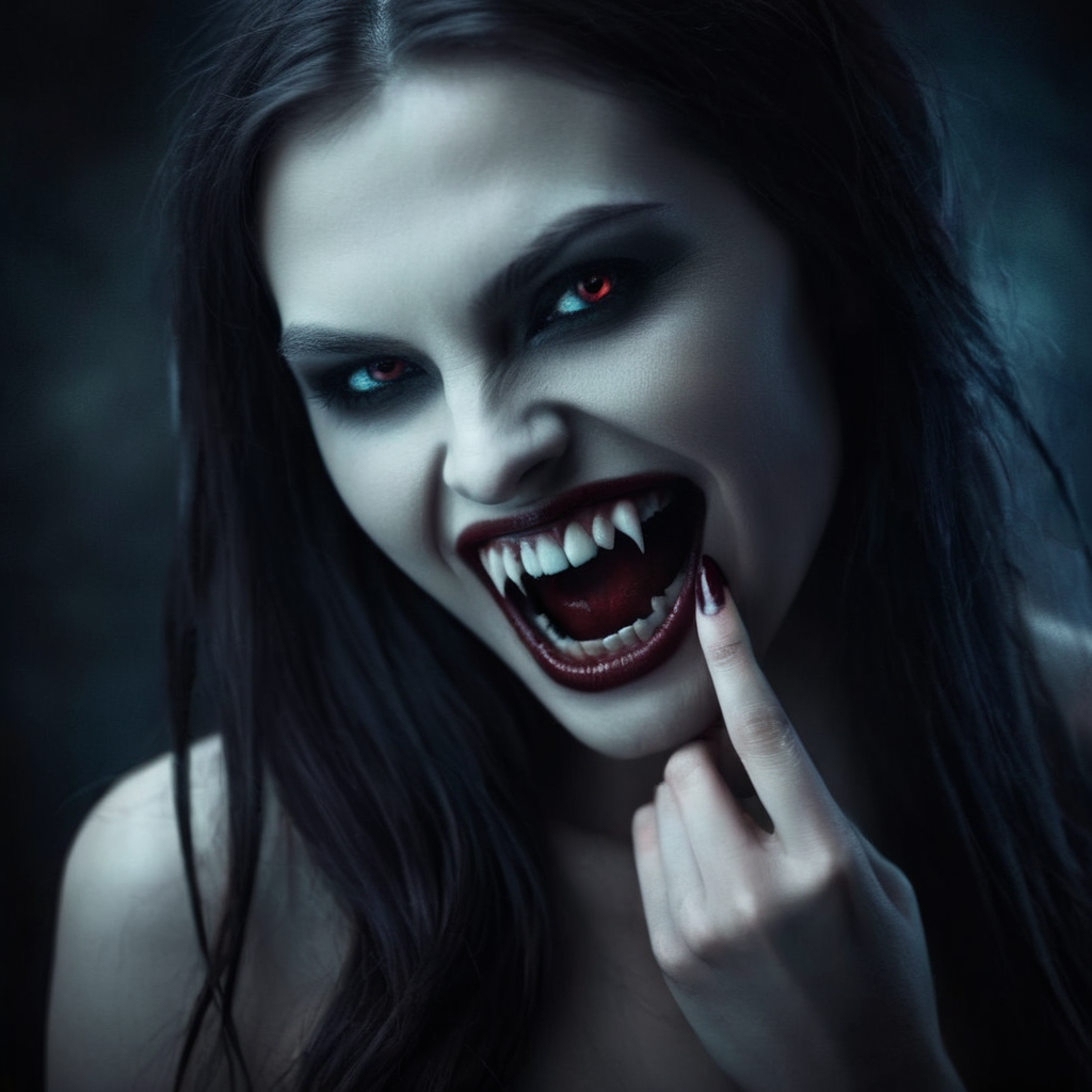 Dark Fantasy Art of  <lora:64_vampire fangs teeth:1> Cinematic Film Look
a woman with a very big smile on her face with vampire's teeth vampire fangs teeth, dark, moody, dark fantasy style