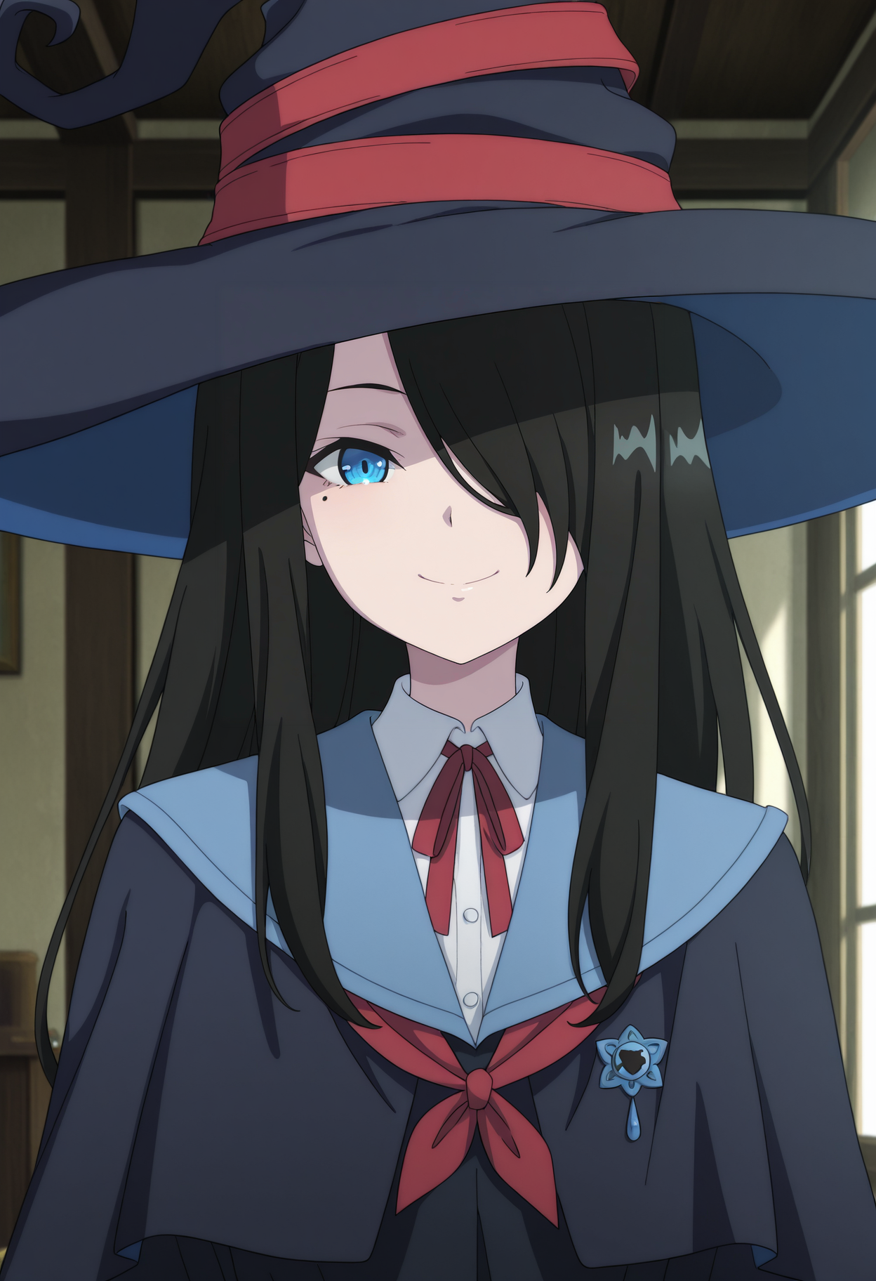 1girl,solo,mm,long hair,black hair,hair over one eye,mole under eye,blue eyes,anime coloring,
school uniform,neck ribbon,red ribbon,witch hat,cape,looking at viewer, upper body, looking at viewer, smile,indoors
,masterpiece,best quality,amazing quality,<lora:Flan-Majo_no_Tabitabi:0.8>