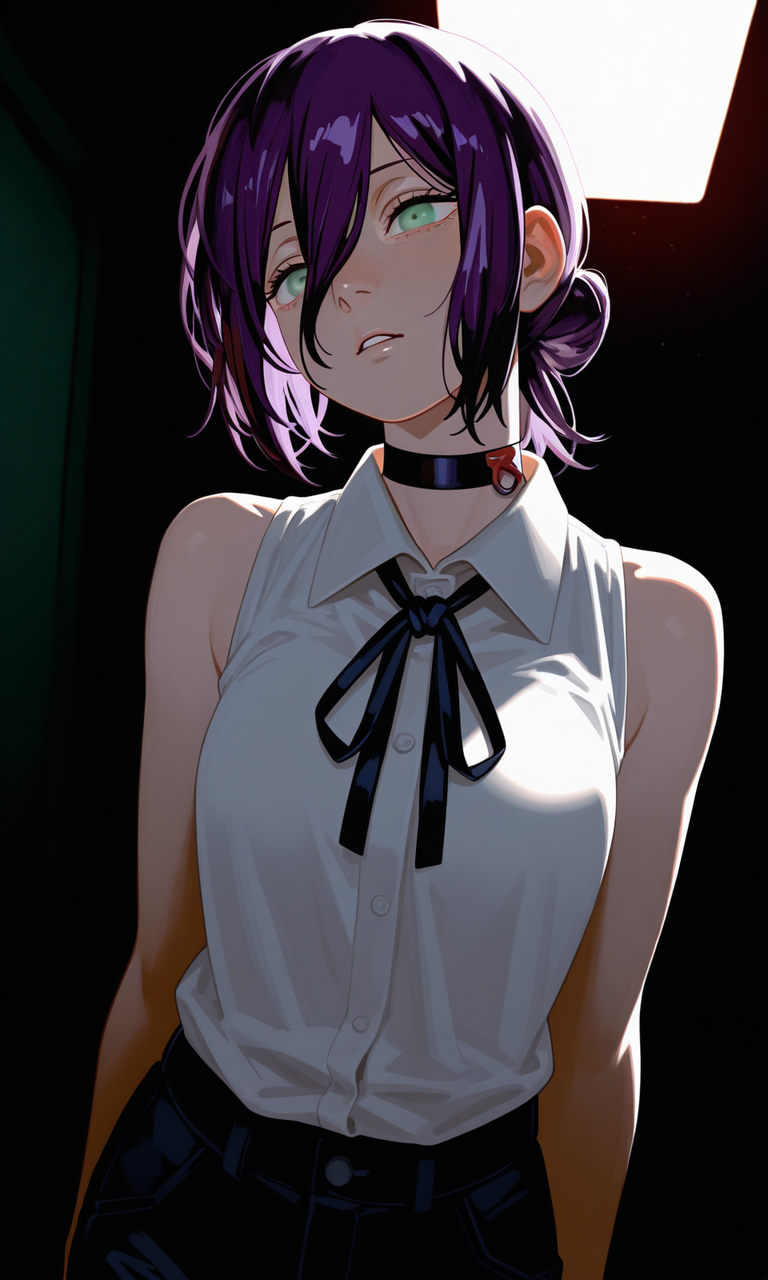 embedding:IllusP0s, sa1t, painterly, reze_\(chainsaw_man\), purple hair, green eyes, choker, sleeveless, white shirt, black ribbon, black shorts, contrast lighting, parted lips, dark room,<lora:sait.safetensors:1.3:1.3>