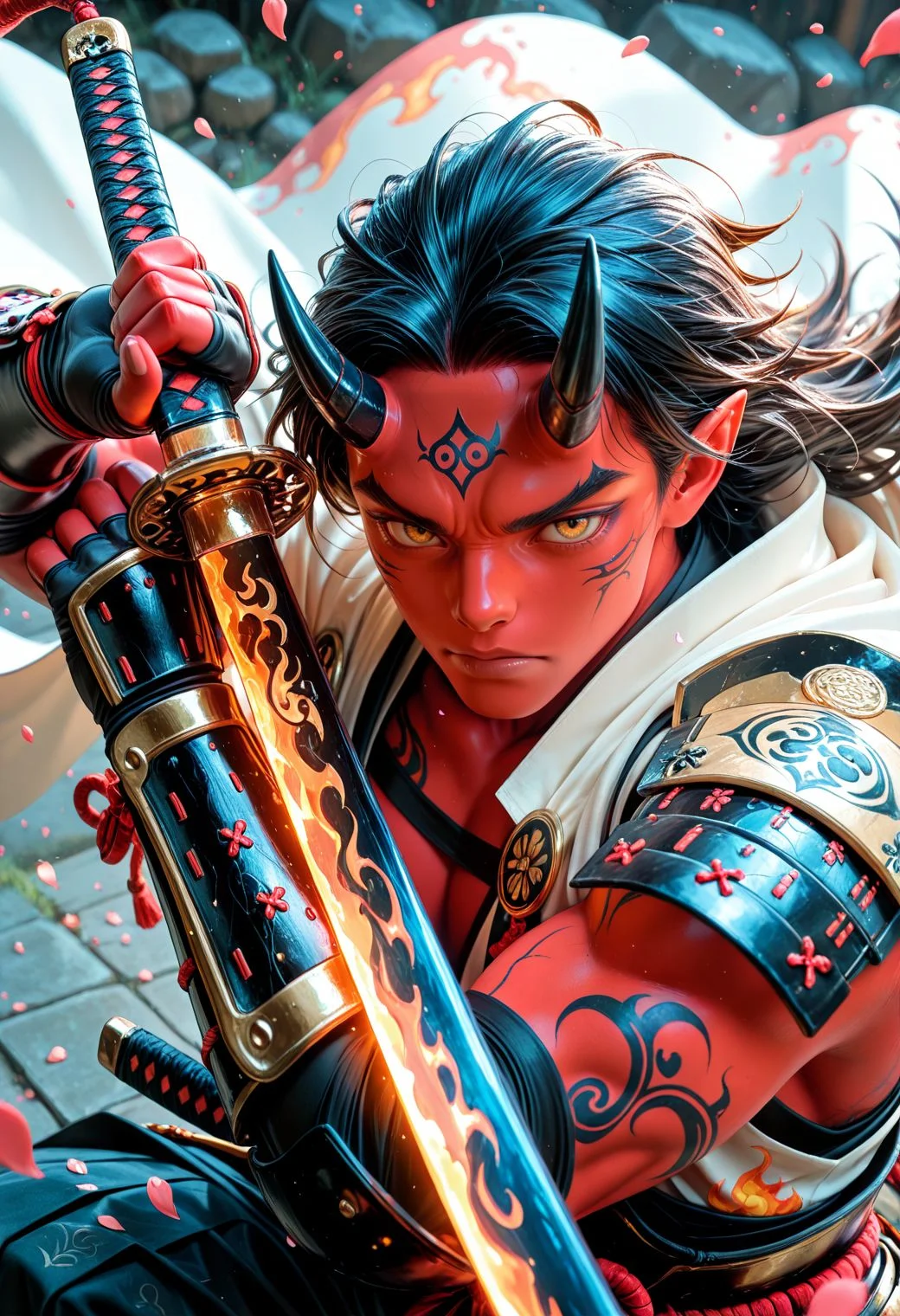 SmoothNoob_Quality, 1boy, muscular male, oni, colored skin, red skin, smooth horns, black horns engraved weapon, engraving, threat, close-up, weapon, holding katana, engraved katana, fighting stance, two-handed, looking at viewer, japanese armor, petals, falling petals, fire print, shoulder armor, gauntlets, white cape, vambraces <lora:SLE_v2:0.25>βββ <lora:Smooth_Booster_v3:0.5>