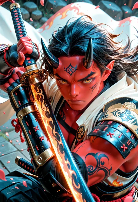 SmoothNoob_Quality, 1boy, muscular male, oni, colored skin, red skin, smooth horns, black horns engraved weapon, engraving, threat, close-up, weapon, holding katana, engraved katana, fighting stance, two-handed, looking at viewer, japanese armor, petals, falling petals, fire print, shoulder armor, gauntlets, white cape, vambraces  <lora:SLE_v2:0.25>​​​ <lora:Smooth_Booster_v3:0.5>