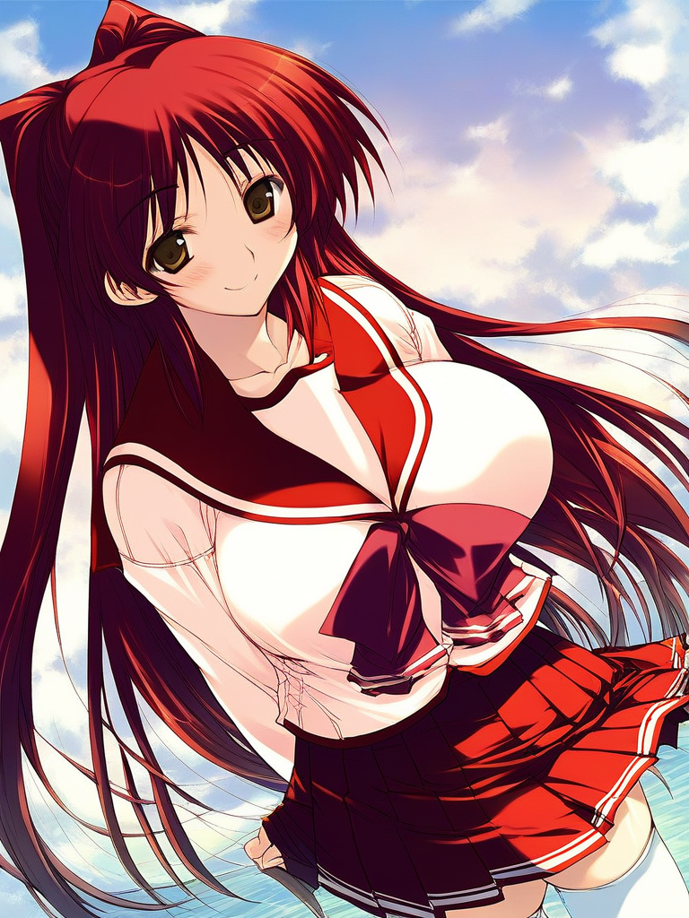 score_9, score_8_up, score_7_up, source_anime, rating_explicit, BREAK  <lora:Kousaka_Tamaki_XL:1> KousakaTamaki, red hair, long hair, brown eyes, large breasts, 
KousakaTamaki, 1girl, solo, school uniform, skirt, serafuku, long sleeves, pleated skirt, thighhighs, smile,  arms behind back, zettai ryouiki, blush,
day,