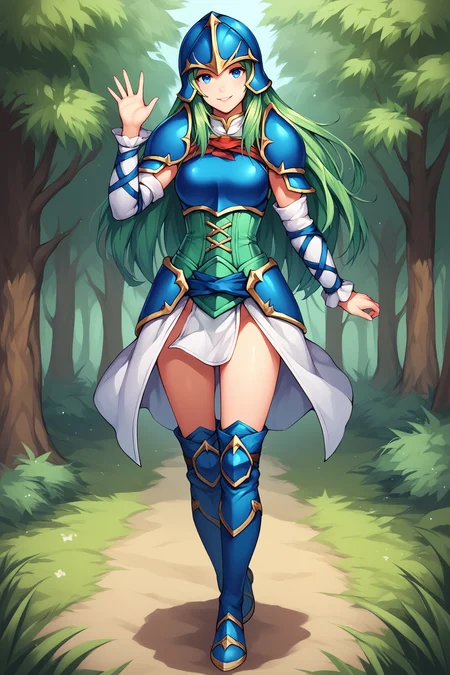 score_9, score_8_up, score_7_up, score_6_up, BREAK, NepheneeFEXL, blue eyes, green hair, long hair, sidelocks, medium breasts, blue armor, blue helmet, shoulder armor, breastplate, green corset, green loincloth, white sleeve, detached sleeve, guantlets, white skirt, blue thigh boots, solo, full body, standing, waving, seductive smile, looking at viewer, forest, tree <lora:NepheneeFEXL:0.8>
