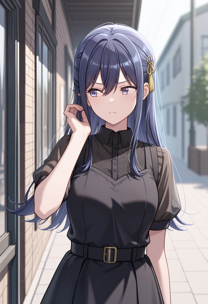 masterpiece, best quality, 32k, high resolution, absurdres, izumi shiho, black dress, sleeveless dress, frown, hair ornament, outdoors, looking to the side, pinafore dress, hand up, depth of field, window