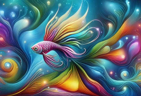A colorful beta fish. Fantasy illustration, psychedelic art depicting an illusory, disturbed, abstract, ephemeral, elusive and unstable visual narrative, digital painting, mesmerizing and highly detailed, vivid colors, surrealism, psychedelic background, intricate details, 3D rendering, oil painting, delicate, octane rendering.