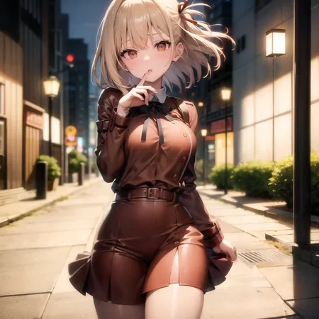 (masterpiece:1.1), (best quality:1.0), (ultra highres:1.0) ,(8k resolution:1.2),(realistic:1.0),(ultra detailed1:0), (sharp focus1:0), (RAW photo:1.1), (lighting:1:1), Tokyo street, (night:1:1), Shibuya_\(Japan\),
Chisato_Nishikigi_\(Lycoris_Recoil\), 1girl, black_ribbon, blonde_hair, brick_wall, gun, hair_ribbon, handgun, holding, holding_gun, holding_weapon, pistol, red_jacket, ribbon, shirt, short_hair, solo, stairs, wooden_floor
small_brisket,
<lora:Lycoris_Recoil_v1.1:1:MIDD>