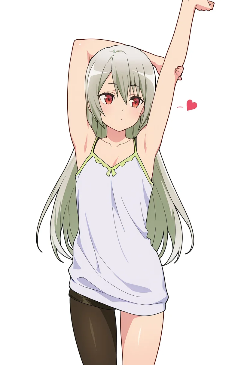 Smooth Quality,masterpiece,very intricate, high quality details, ultra realistic, high detailed skin,detailed enviorement,absurdres,
finger heart,
 <lora:Ange_Maidena_CNR:0.8> ange_cnr, 1girl, grey hair, red eyes, long hair,, simple background, white background, front view,
stretching, one arm raised, other on hip, slight side bend, relaxed body,  ,, :/,, tank top, camisole, ,hoodie, ,single leg pantyhose, ,