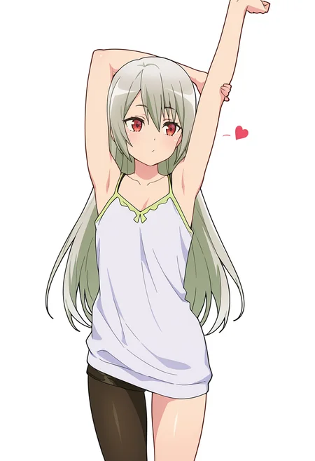 Smooth Quality,masterpiece,very intricate, high quality details, ultra realistic, high detailed skin,detailed enviorement,absurdres,
finger heart,
<lora:Ange_Maidena_CNR:0.8> ange_cnr, 1girl, grey hair, red eyes, long hair,, simple background, white background, front view,
stretching, one arm raised, other on hip, slight side bend, relaxed body, ,, :/,, tank top, camisole, ,hoodie, ,single leg pantyhose, ,