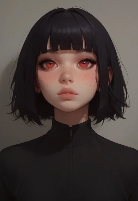 score_9, score_8_up, score_7_up, score_6_up, score_5_up, score_4_up, (1girl, 18 years old, sexy small breasts, skinny, sexy young face, red eyes, black hair, bob haircut, fringe, pookies, freckles, ,) close up, extremely detailed face, slutty, shy