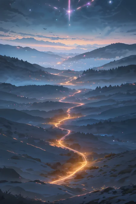 By Tomek Setowski,by Brian miller,ethereal glow. The sky should be a mesmerizing blend of deep blues and soft purples,with a faint,ethereal glow on the horizon. Show a mystical terrain,featuring delicate,bioluminescent flora and fauna that illuminate the landscape with gentle,otherworldly radiance. Let the scene emanate a sense of tranquility,mystery,and a touch of magic. Focus on intricate details and realism to create an image that transports viewers to this captivating twilight,<lora:Detailed_Places_R-128_v1:0.7>,no humans,scenery,