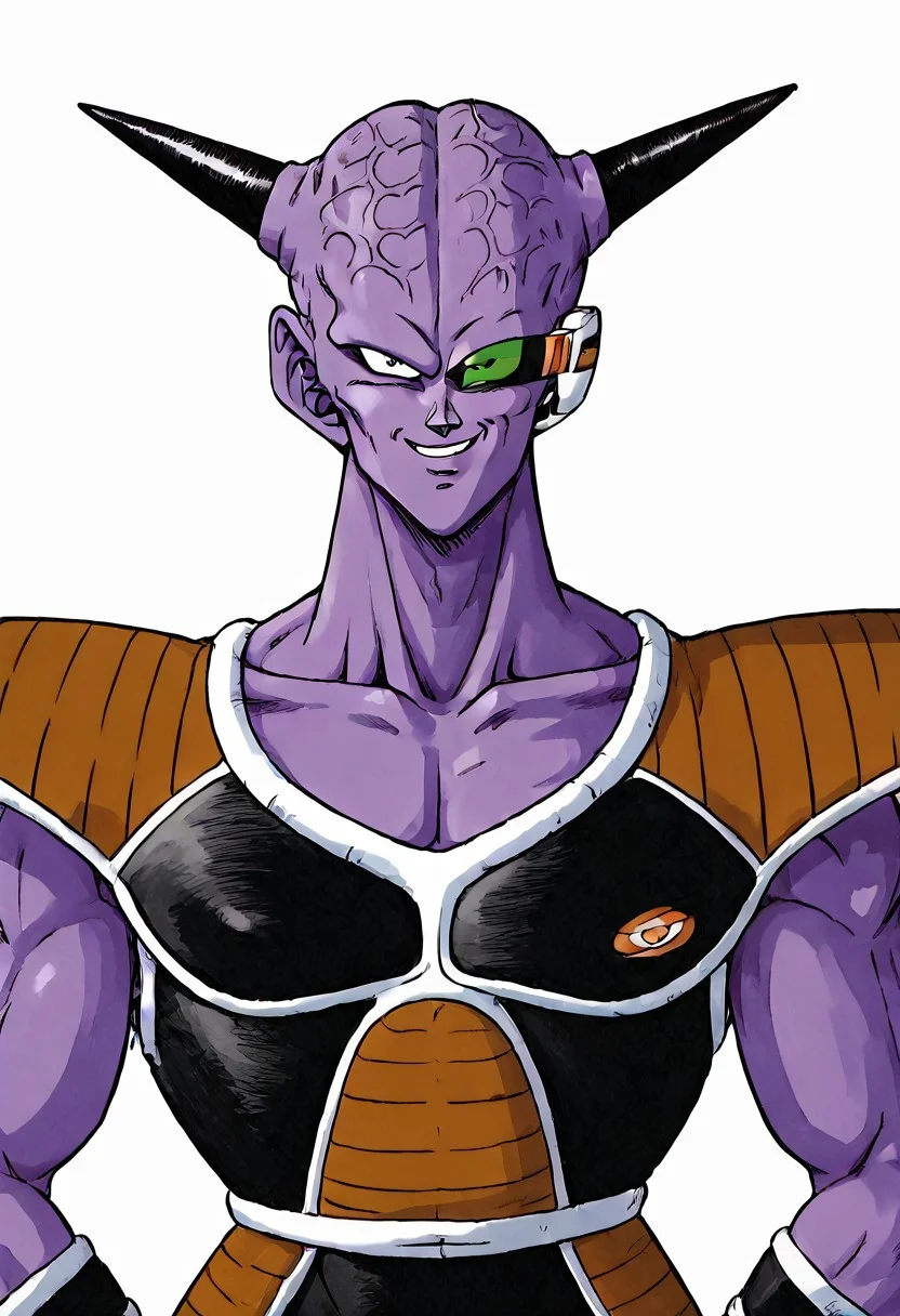 score_9, score_8_up, score_7_up, score_6_up, score_5_up,ginyu,Purple skin,musclar,(evil smile:1.3), ,white background,solo,easynegative, armor,((show upper body,detailedeyes, black pupils:1.2)),eye_focus,solo, looking_at_viewer,verybadimagenegative_v1.3,ng_deepnegative_v1_75t,Dragon Ball Z