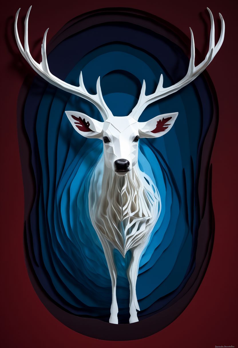 layered papercut, mysterious magestic white deer, on a papercut forrest floor trail, papercut deer with big antlers, fading backlit background, (svannah fading white/ to deep red), by Minjae Lee, Carne Griffiths, Emily Kell, Steve McCurry, Geoffroy Thoorens, Aaron Horkey, Jordan Grimmer, Greg Rutkowski, amazing depth, double exposure, surreal, geometric patterns, intricately detailed, bokeh,  perfect balanced, deep fine borders, artistic photorealism , smooth,  great masterwork by Suiras  <lora:add-detail-xl:2>  <lora:Double_Exposure:0.5>