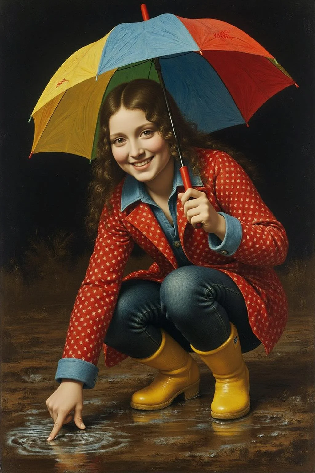 davinci1 painting.
A young woman, angled from slightly above and to the right, crouching low to the ground in a puddle. The young woman is wearing yellow rubber boots and a red jacket with white polka dots. The jacket sleeves are pushed up to reveal blue cuffs. The young woman also wears dark blue jeans and has a smile on her face as she extends her right index finger to touch the water in the puddle. Above the young woman is a large, open umbrella with rainbow-colored panels and a red handle. <lora:davinci1_cap_d6a3e12:1.0><lora:852117132001966582:0>