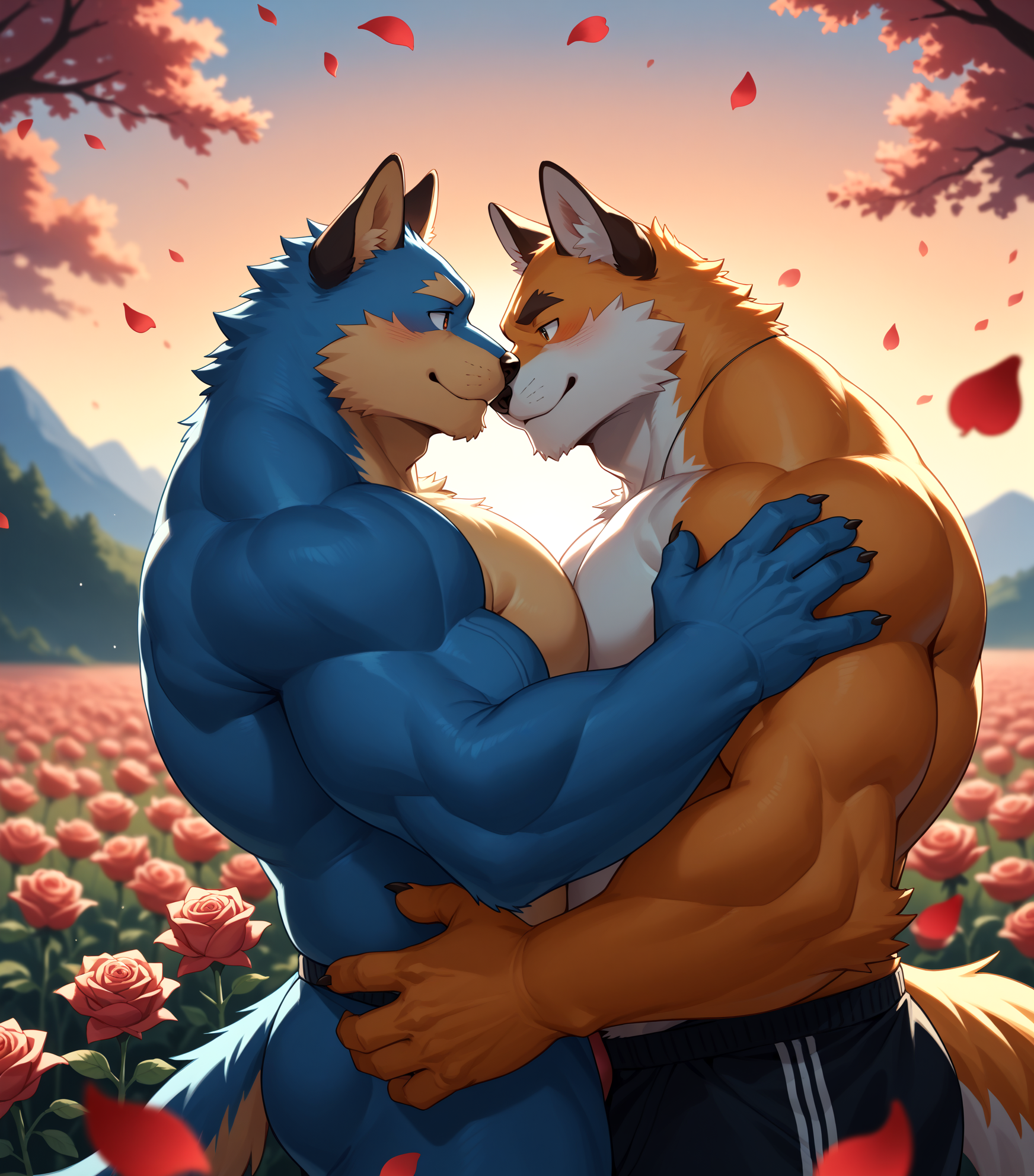 score_9,score_8_up,score_7_up,score_6_up,2furry,2kemono,high quality,Half body,tail,furry,rating_explicit,embedding:zPDXL3 BREAK anthro male furry,solo,Animation style,source_anime,(bara),huge Chest Muscles,perfect anatomy,
,((2furry,2kemono)),in love,((couple)),((lover)),flower field,roses,(flying petals),(hugging each other),romance,cherish,true love,((pink) sunset),Look at each other,(Nose to Nose:0.2),chest to chest,perfect anatomy,face to face,SFW