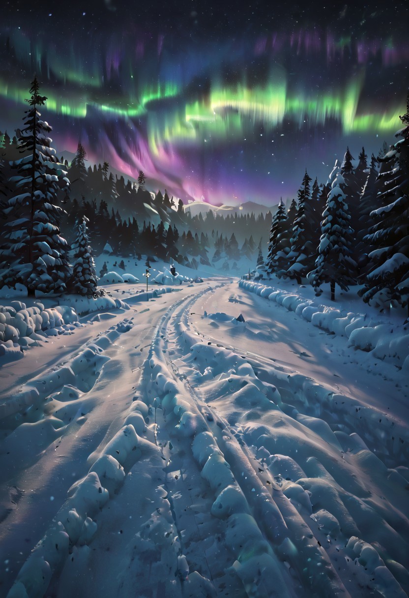 score_9,score_8_up,score_7_up,
wide shot, snowy_landscapes,
solo, lone ronin, walking, ronin walking through the snow,
snow, frozen lake reflecting green and purple northern lights, glowing aurora streaks across the starry sky, silhouetted pine trees, quiet and serene