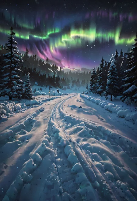 score_9,score_8_up,score_7_up,
wide shot, snowy_landscapes,
solo, lone ronin, walking, ronin walking through the snow,
snow, frozen lake reflecting green and purple northern lights, glowing aurora streaks across the starry sky, silhouetted pine trees, quiet and serene