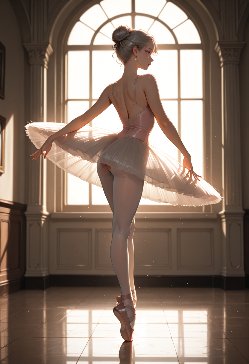 masterpiece, newest, absurdres, best quality, hires, 1girl, ballerina, tutu, ballet shoes, indoors, volumetric lighting