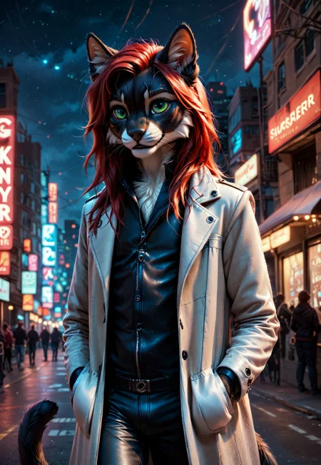score_9, score_8_up, score_7_up, score_6_up, photorealistic, epiCPhotoGasm-colorfulPhoto, Realistic, highres, super high resolution, 8k, photo, furry, Furry, anthro, fur, realistic, male, male, male, detailed, tail, detailed fur, Realistic, highres, super high resolution, 8k, photo, furry, anthro, fur, cat, thin body, black, black fur (detailed fur), detailed fur, fluffy, bright green eyes, body, long hair, red hair, beautiful legs, black nose, gray fur around the nose, gray fur around the eyes, red hair, (((triangle of fur on the forehead))), (((gray eyebrows) )), black body, black ears, cat tail, black smooth tail with gray stripes, grey body, grey fur, thin body, stands, black fur, black, red hair, long hair, red hair,
furry, anthro, anthro, furry, anthro, anthro, male, male , skin coat, cyber city, cyberpunk, night, different lights,