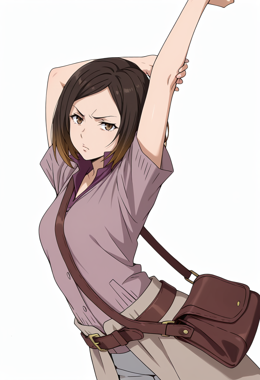 Smooth Quality,masterpiece,very intricate, high quality details, ultra realistic, high detailed skin,detailed enviorement,absurdres,
simple background, white background,solo,
stretching, arms up, tiptoe, arched back, elegant,  ,dutch angle,disgust,
 <lora:Kirara_Mizutani_cnn:0.8> 1girl, short hair, brown hair, multicolored hair, two-tone hair, brown eyes, at viewer, upper body,shirt, short sleeves, collared shirt, coat, pants, purple shirt,brown belt, shoulder bag,