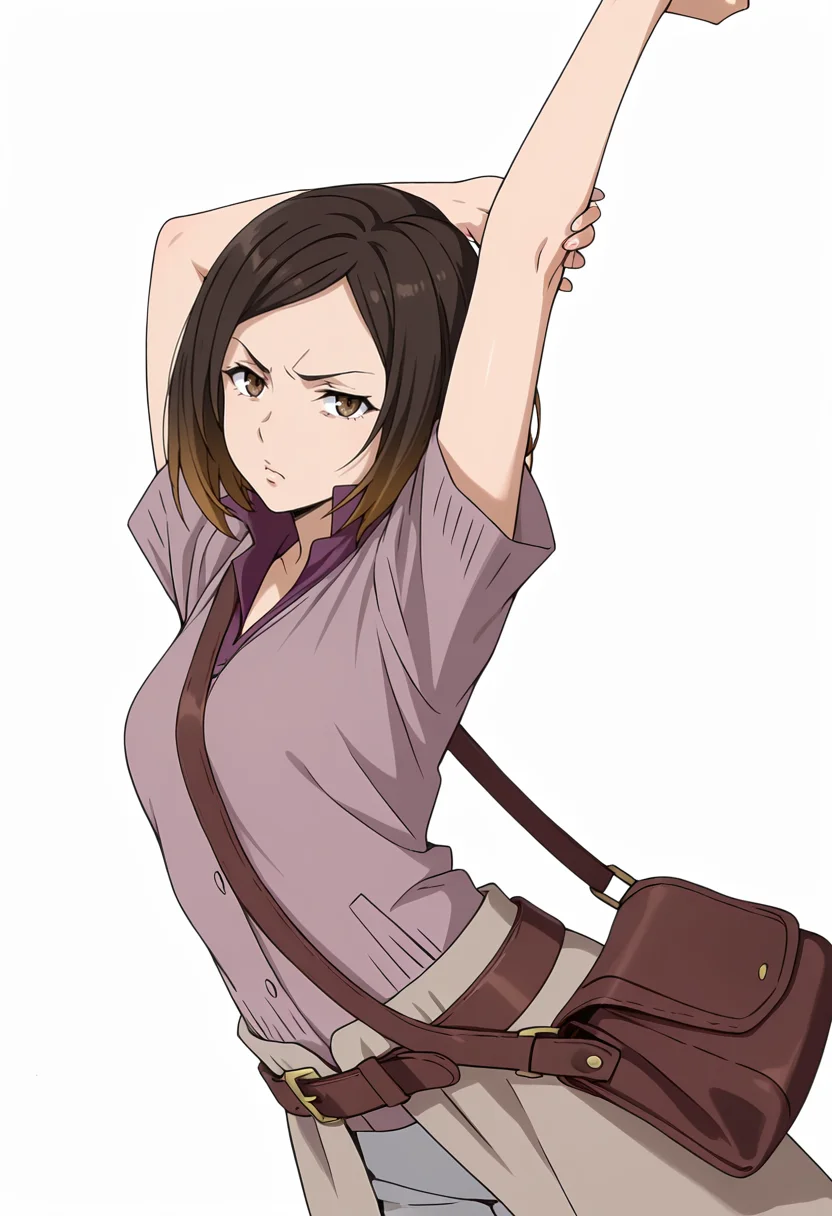 Smooth Quality,masterpiece,very intricate, high quality details, ultra realistic, high detailed skin,detailed enviorement,absurdres,
simple background, white background,solo,
stretching, arms up, tiptoe, arched back, elegant, ,dutch angle,disgust,
<lora:Kirara_Mizutani_cnn:0.8> 1girl, short hair, brown hair, multicolored hair, two-tone hair, brown eyes, at viewer, upper body,shirt, short sleeves, collared shirt, coat, pants, purple shirt,brown belt, shoulder bag,