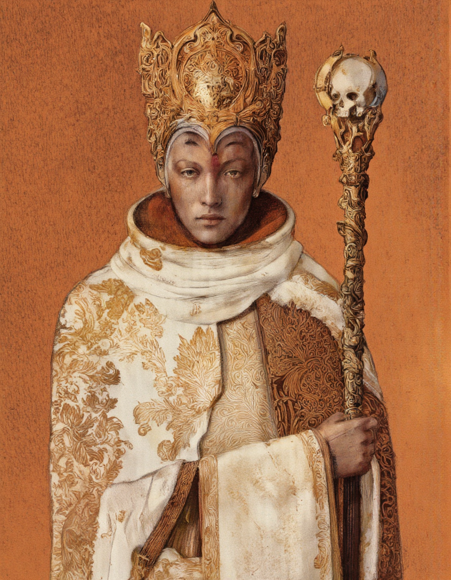 . A detailed and realistic digital illustration from a portrait camera angle, depicting a regal figure in an ornate space suit with a helmet and a staff, set against a textured, warm orange background. the figure, a man with a stern expression, is positioned in the center of the image, wearing a white and gold robe with intricate patterns and a detailed, ornate design. he is holding a staff in his right hand, which is also intricately designed with a skull-like motif. the man has short, light-colored hair and a serious expression, and is looking directly at the viewer. he appears to be in his mid-twenties, with a slim body and a prominent nose. the image is signed "T" in the bottom right corner, adding a touch of realism to the scene.
