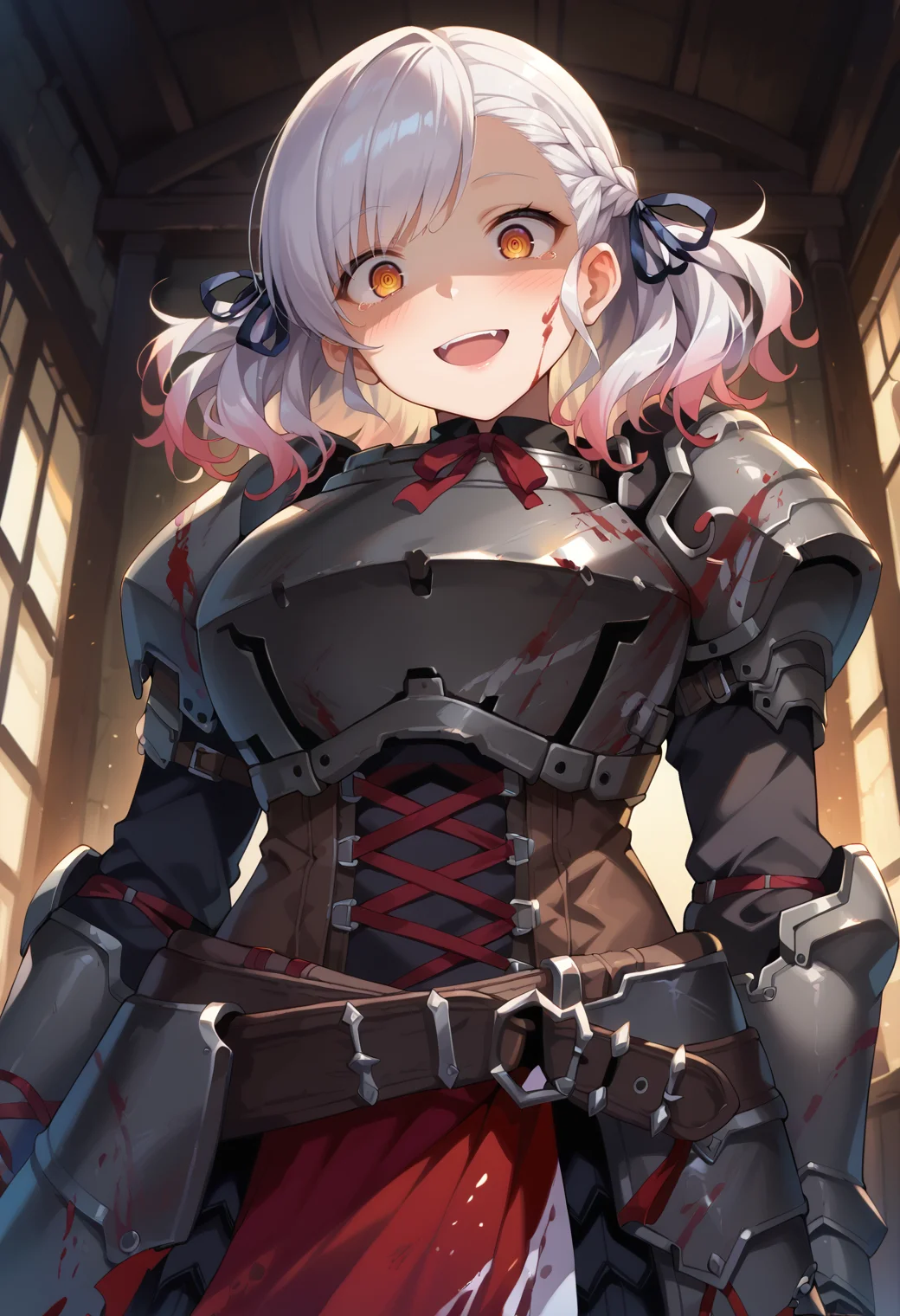 score_9, score_7_up, hd, (ultra hd quality details), source_anime, indoors,
solo, 1girl, gflsps12, twintails, braid, large breasts,
spas12gbhunt, ribbon, blood on face, crazy eyes, armored dress, blood on clothes, armor, plate armor, shotgun shell,
looking at viewer, blush, smile, open mouth, head tilt, shaded face,
standing, from below, upper body,
<lora:_spas12gfl-elesico-pony-e12:1>