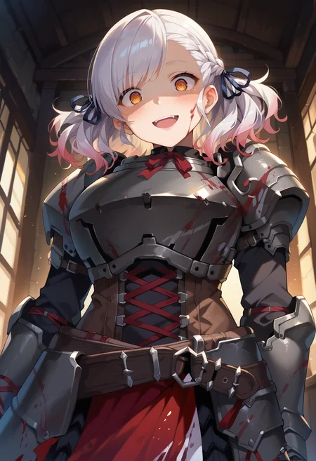 score_9, score_7_up, hd, (ultra hd quality details), source_anime, indoors,
solo, 1girl, gflsps12, twintails, braid, large breasts,
spas12gbhunt, ribbon, blood on face, crazy eyes, armored dress, blood on clothes, armor, plate armor, shotgun shell,
looking at viewer, blush, smile, open mouth, head tilt, shaded face,
standing, from below, upper body,
<lora:_spas12gfl-elesico-pony-e12:1>
