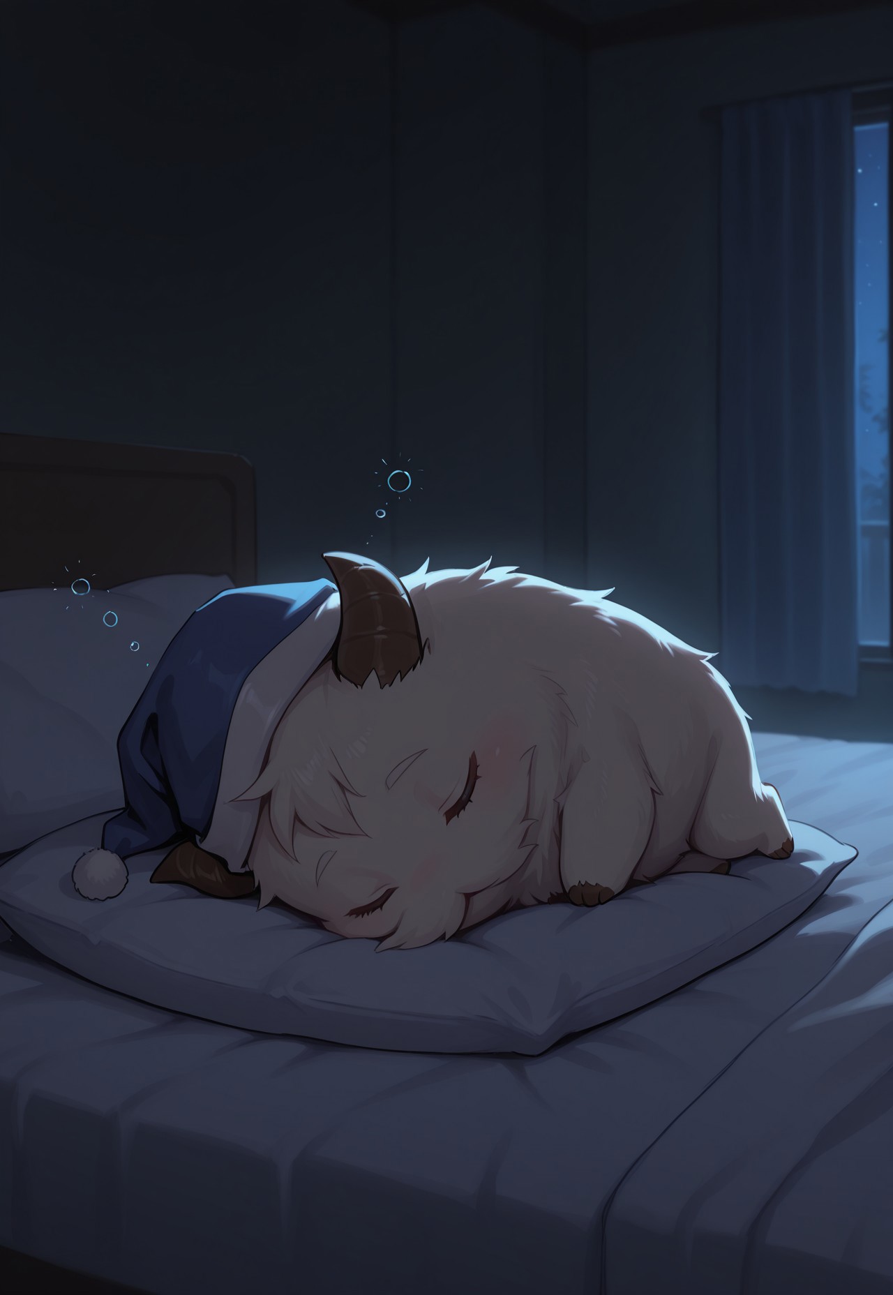 masterpiece, best quality, amazing quality, very aesthetic, absurdres, LoLPoro, 1other, solo, horns, on pillow, indoors, night, dark, sleeping, blue nightcap, squeans, white fur